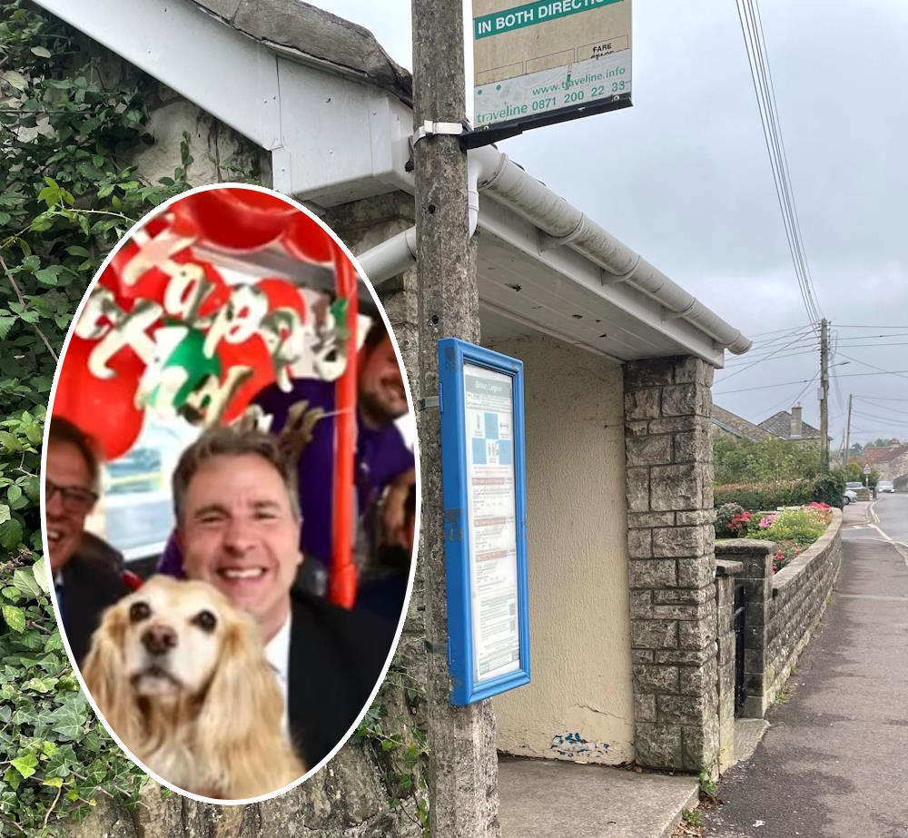 Dan Norris, his dog, and a slightly shabby bus stop